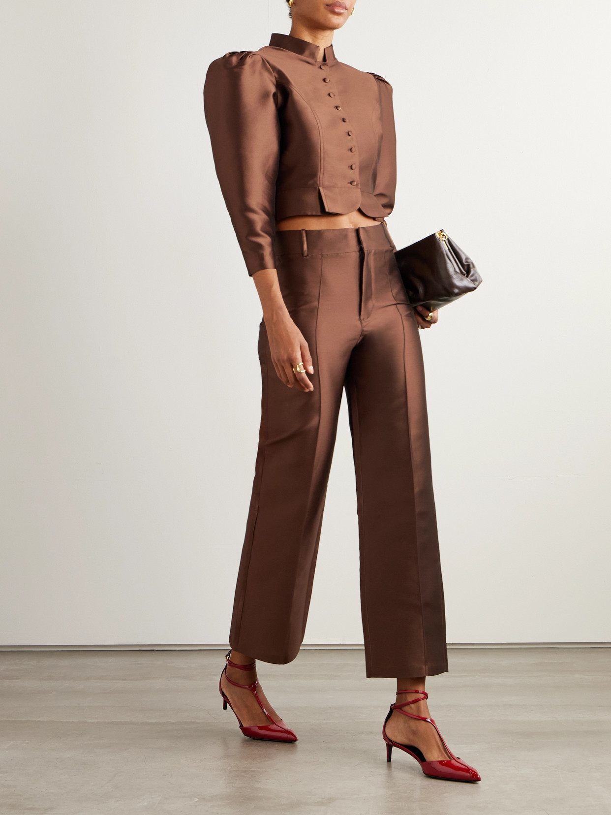 D'estree Yoshi Cropped Taffeta Flared Pants In Brown