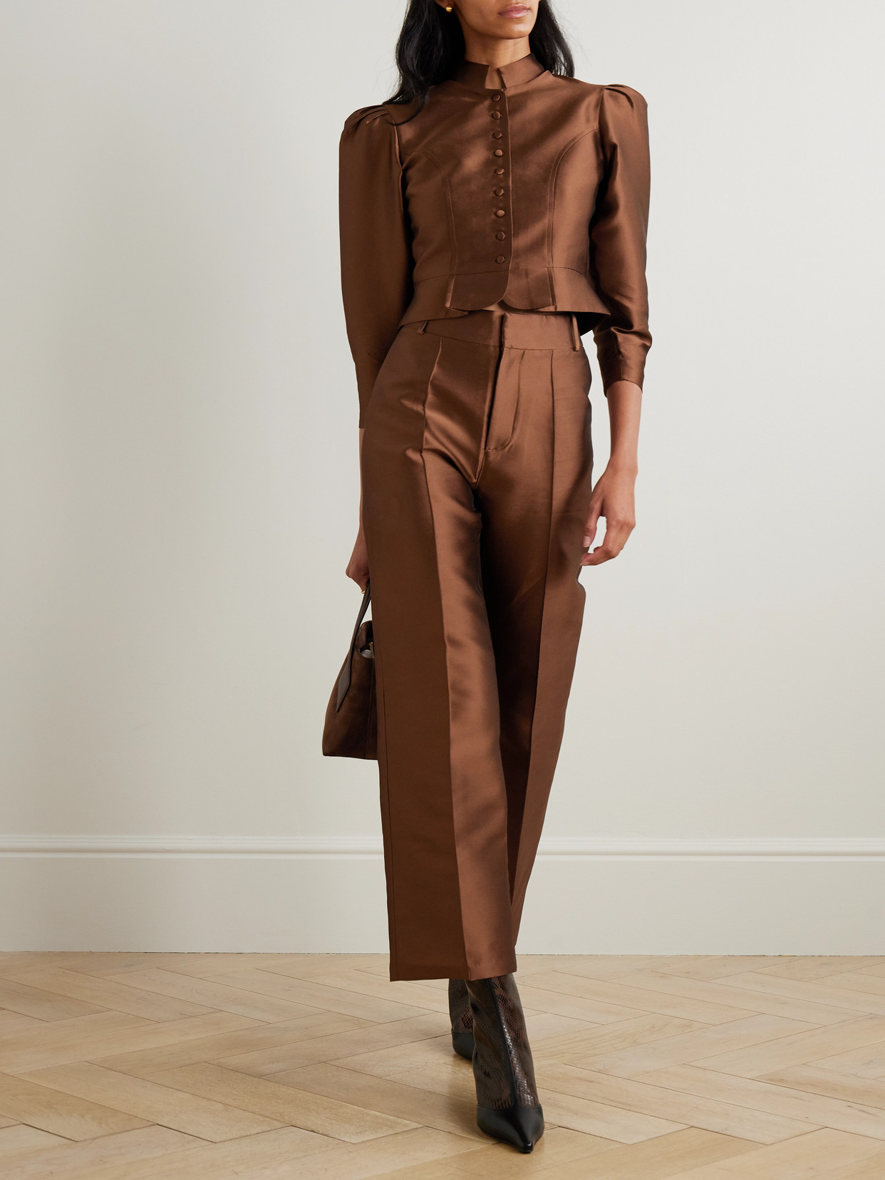 D'estree Amoako Cropped Faille Jacket In Brown