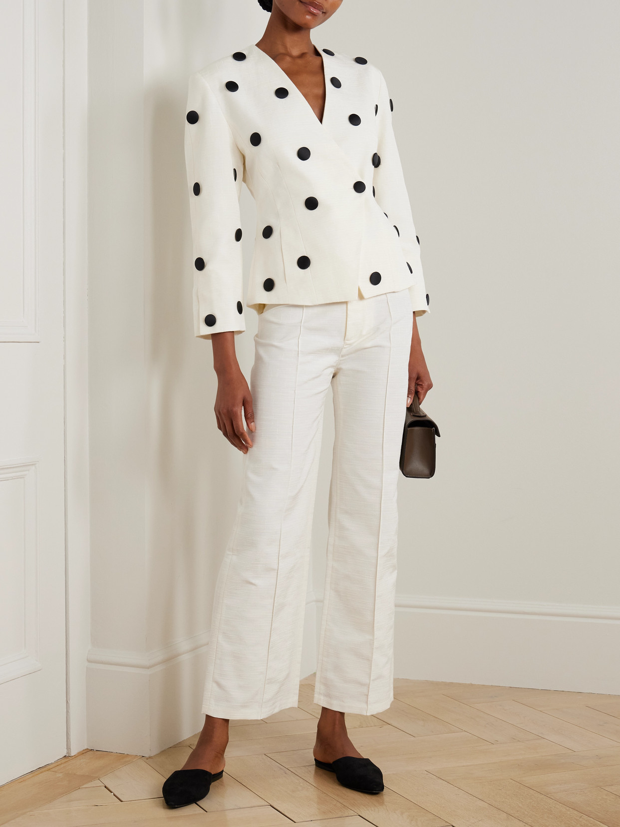 D'estree Aloise Embellished Polka-dot Cotton-blend Faille Blazer In White