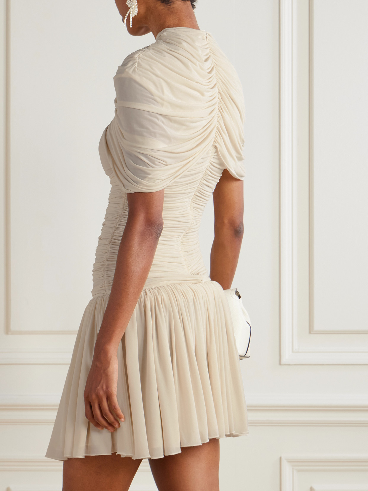 Magda Butrym Cape-effect Draped Ruched Jersey Mini Dress In Neutral
