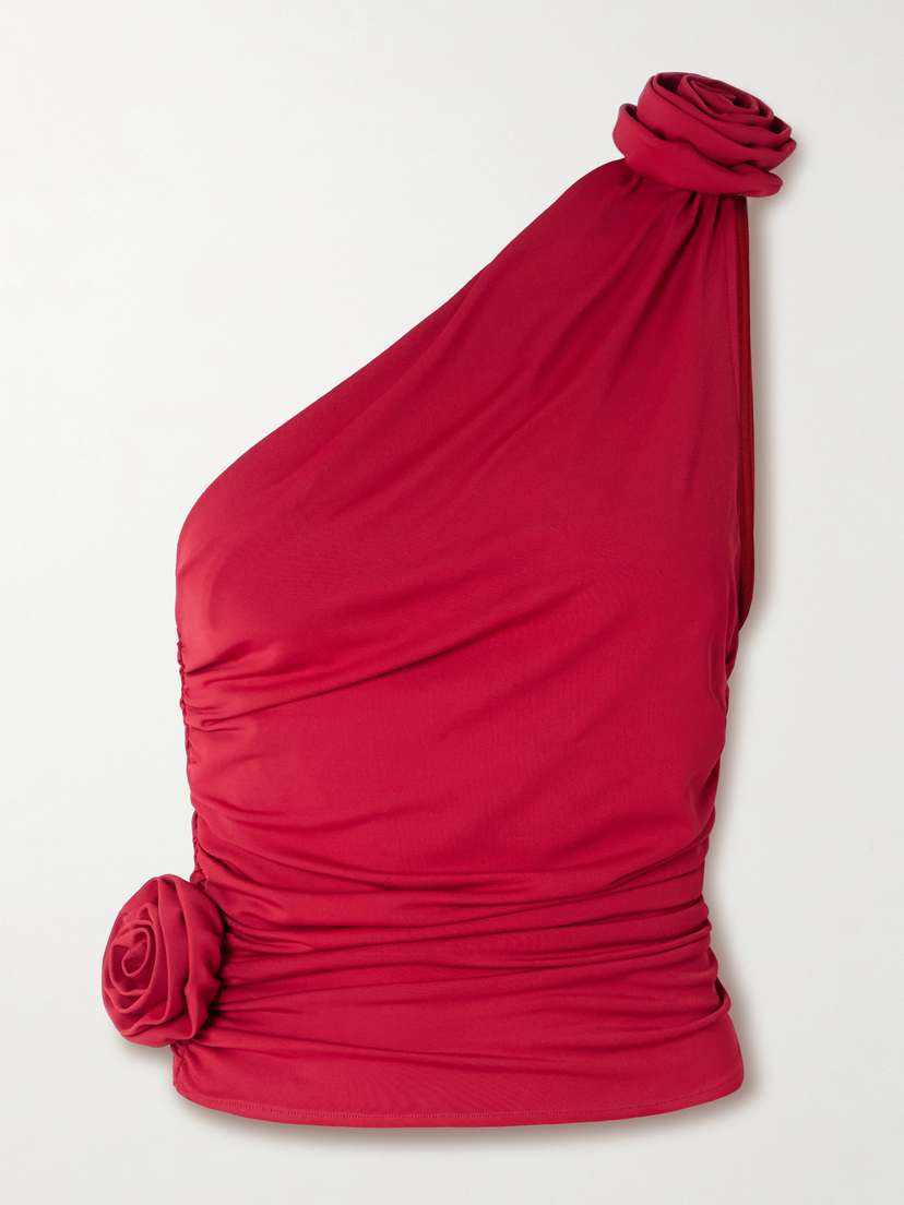 Magda Butrym One-shoulder Appliquéd Gathered Stretch-jersey Top