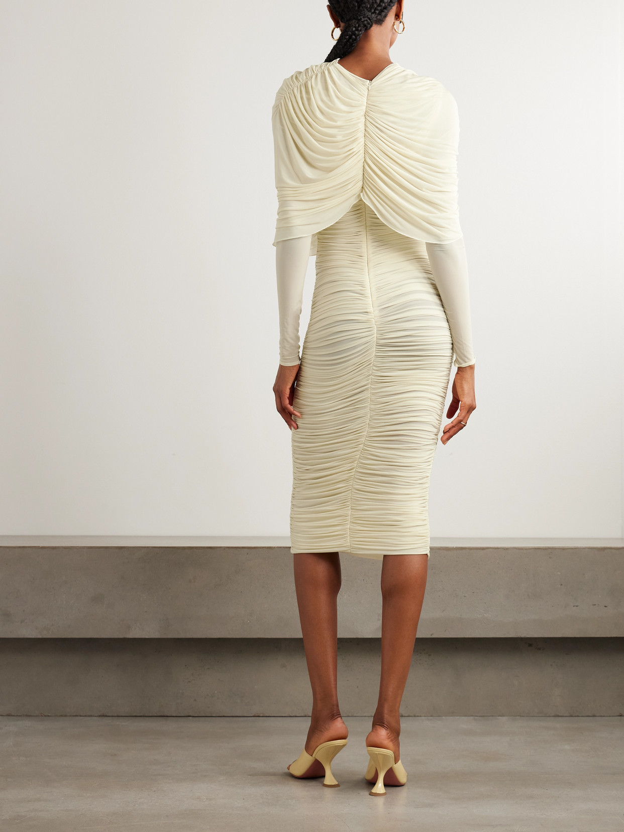 Magda Butrym Draped Cape-effect Ruched Stretch-tulle Dress In Yellow
