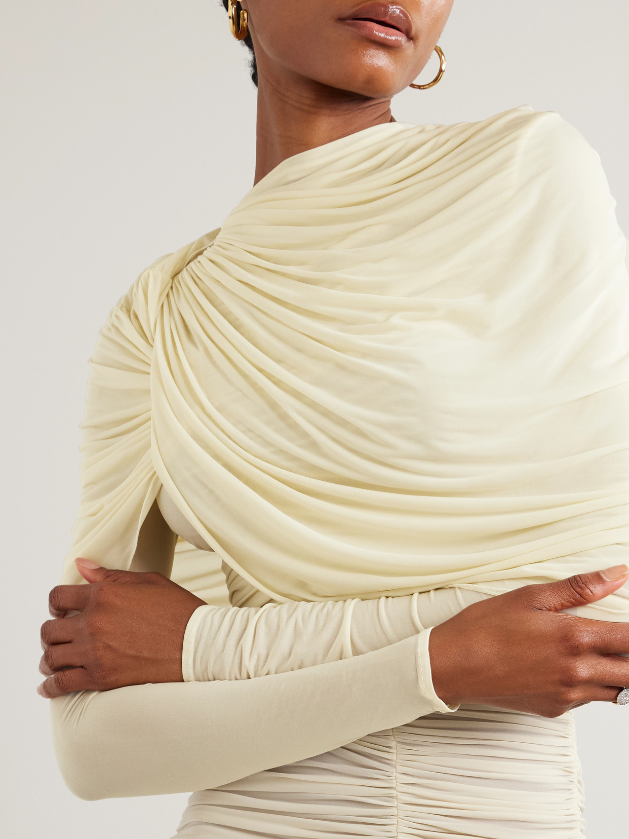 Magda Butrym Draped Cape-effect Ruched Stretch-tulle Dress In Yellow