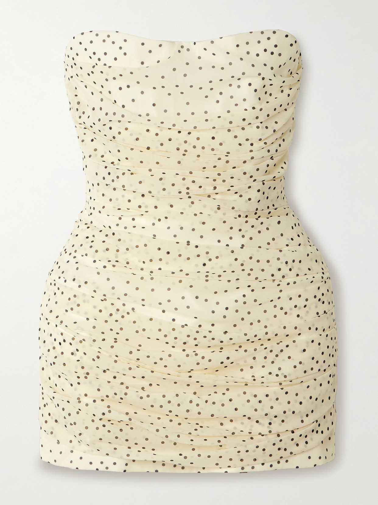 Magda Butrym Strapless Crochet-trimmed Ruched Polka-dot Silk-blend Chiffon Mini Dress