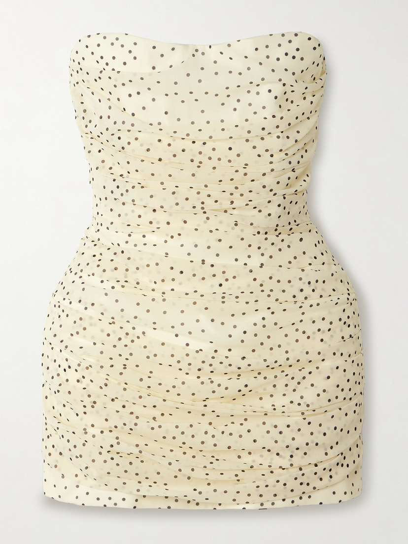 Magda Butrym Strapless Crochet-trimmed Ruched Polka-dot Silk-blend Chiffon Mini Dress