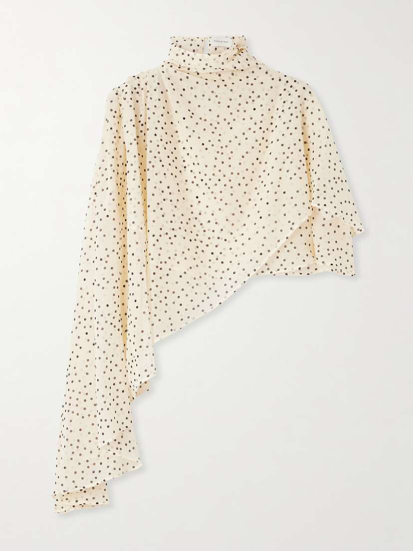 Magda Butrym Asymmetric Draped Polka-dot Silk-blend Chiffon Blouse