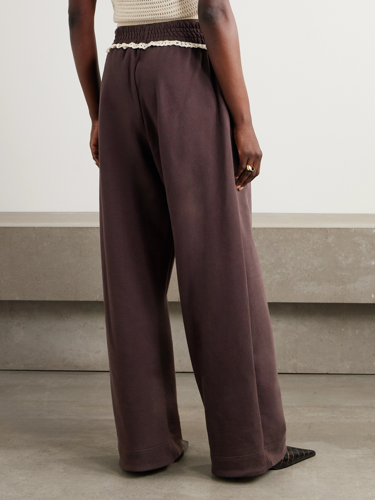 Magda Butrym Crochet-trimmed Cotton-jersey Wide-leg Track Pants In Brown
