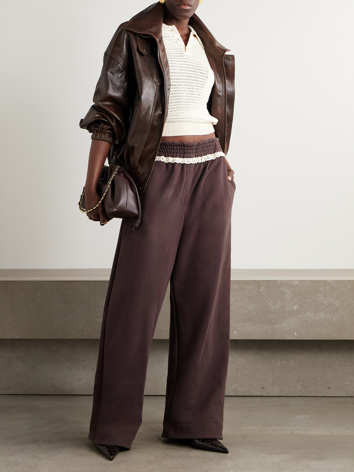 Magda Butrym Crochet-trimmed Cotton-jersey Wide-leg Track Pants In Brown
