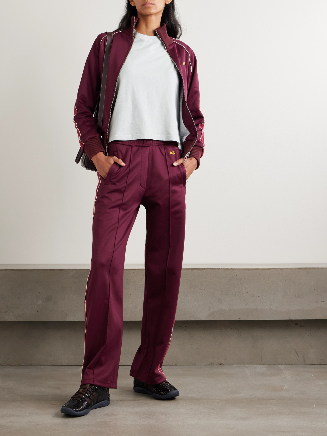 Wales Bonner Mantra Pointelle-trimmed Jersey Straight-leg Track Pants In Burgundy