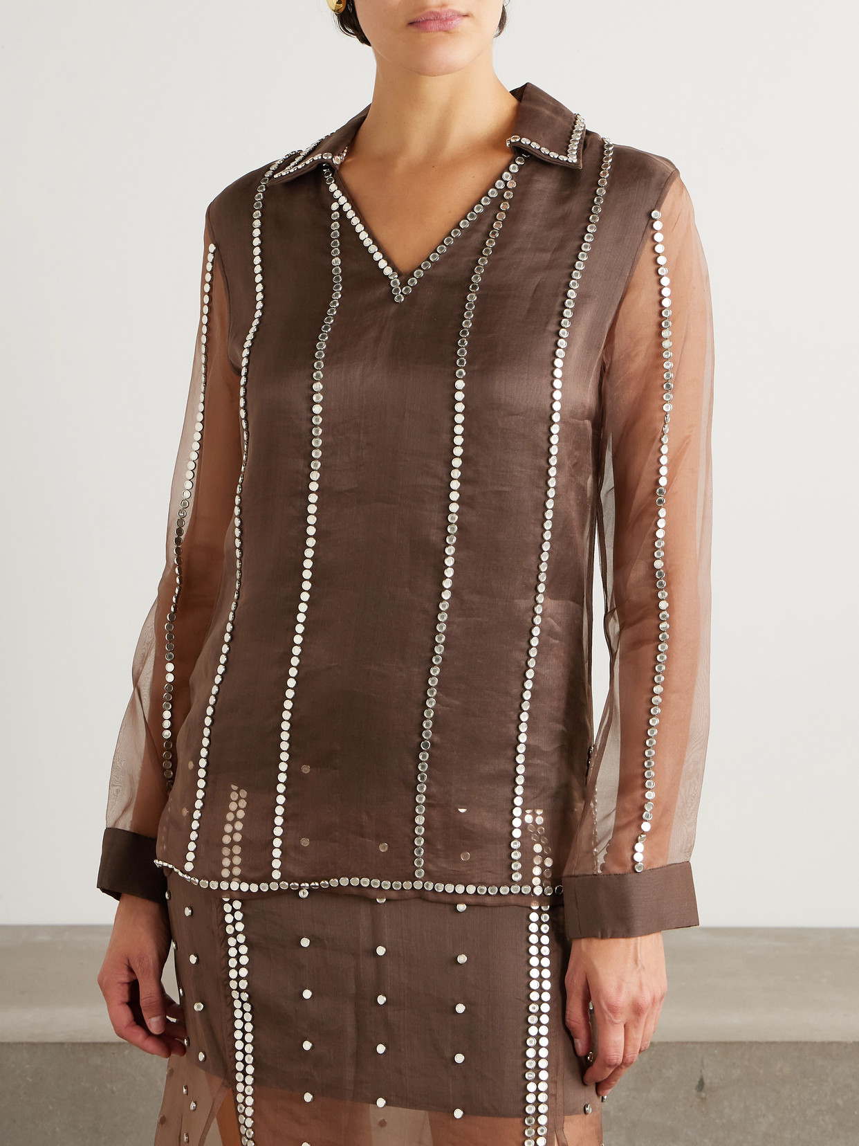 Wales Bonner Presence Studded Organza Blouse In Brown