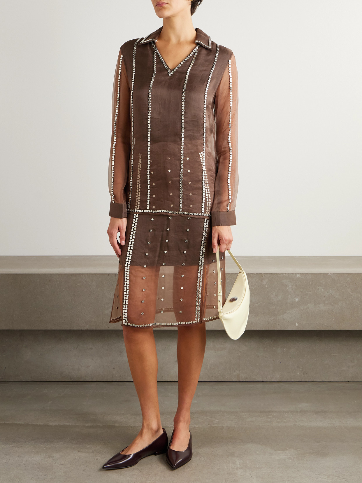 Wales Bonner Presence Studded Organza Blouse In Brown