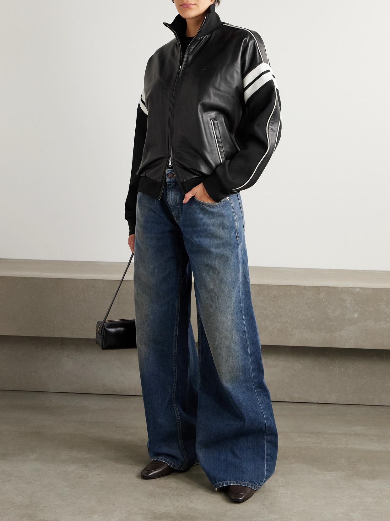 Wales Bonner Nomad Striped Leather And Felt Bomber Jacket In Black