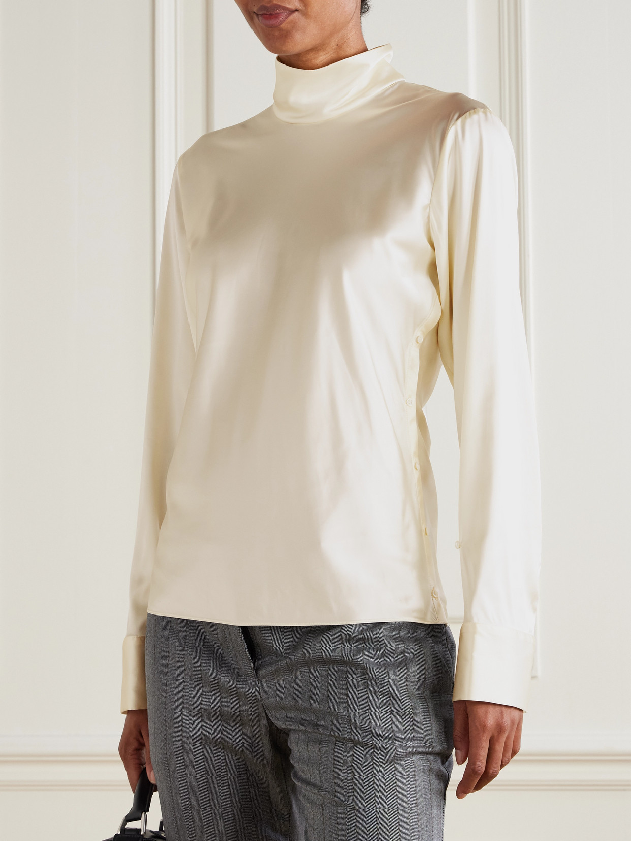 Asymmetric Satin Turtleneck Top