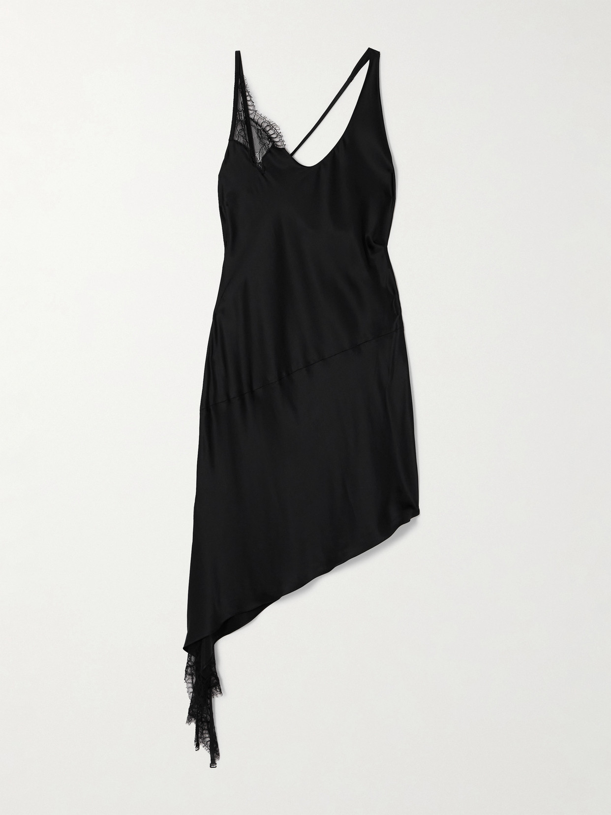 Courrèges Asymmetrical Lace-trimmed Satin Mini Dress In Black