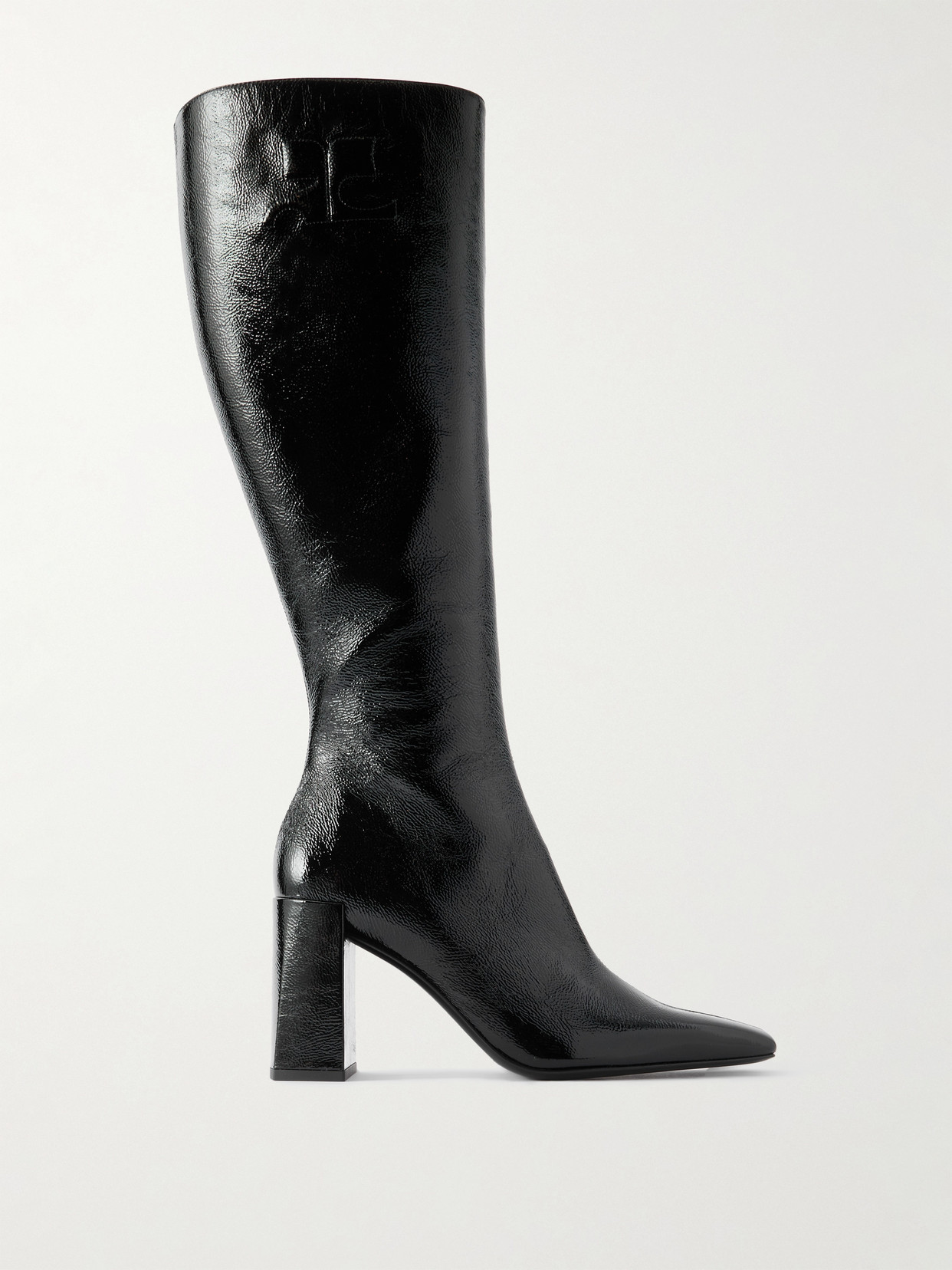 Courrèges Heritage Crinkled Patent-leather Knee Boots In Black