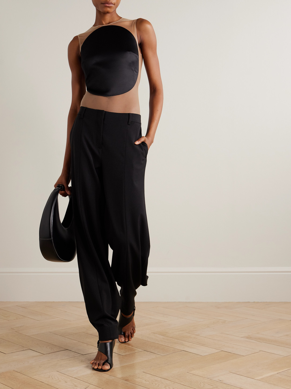 Courrèges Illusion Mesh And Duchesse-satin Bodysuit In Black