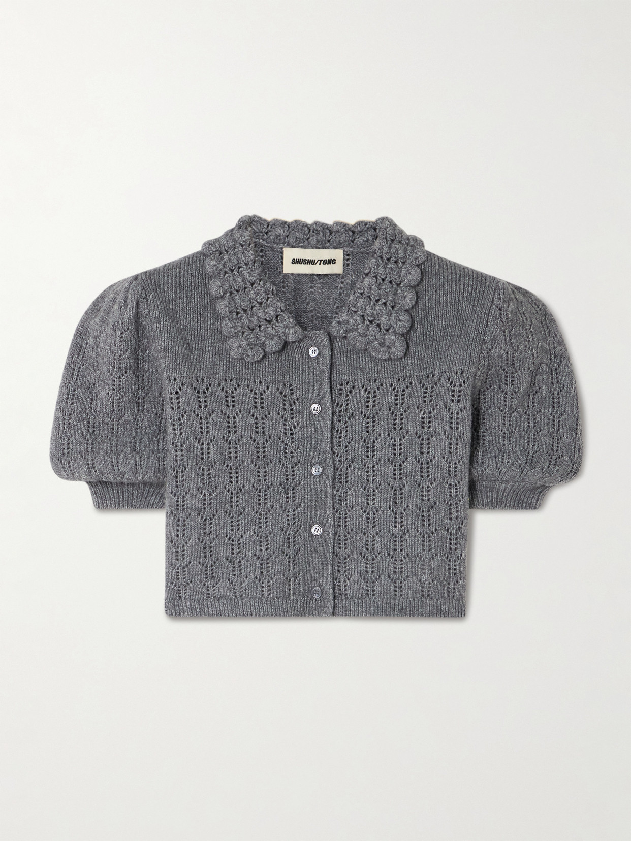 SHUSHU/TONG - Cropped Pointelle-knit Wool-blend Cardigan - Gray