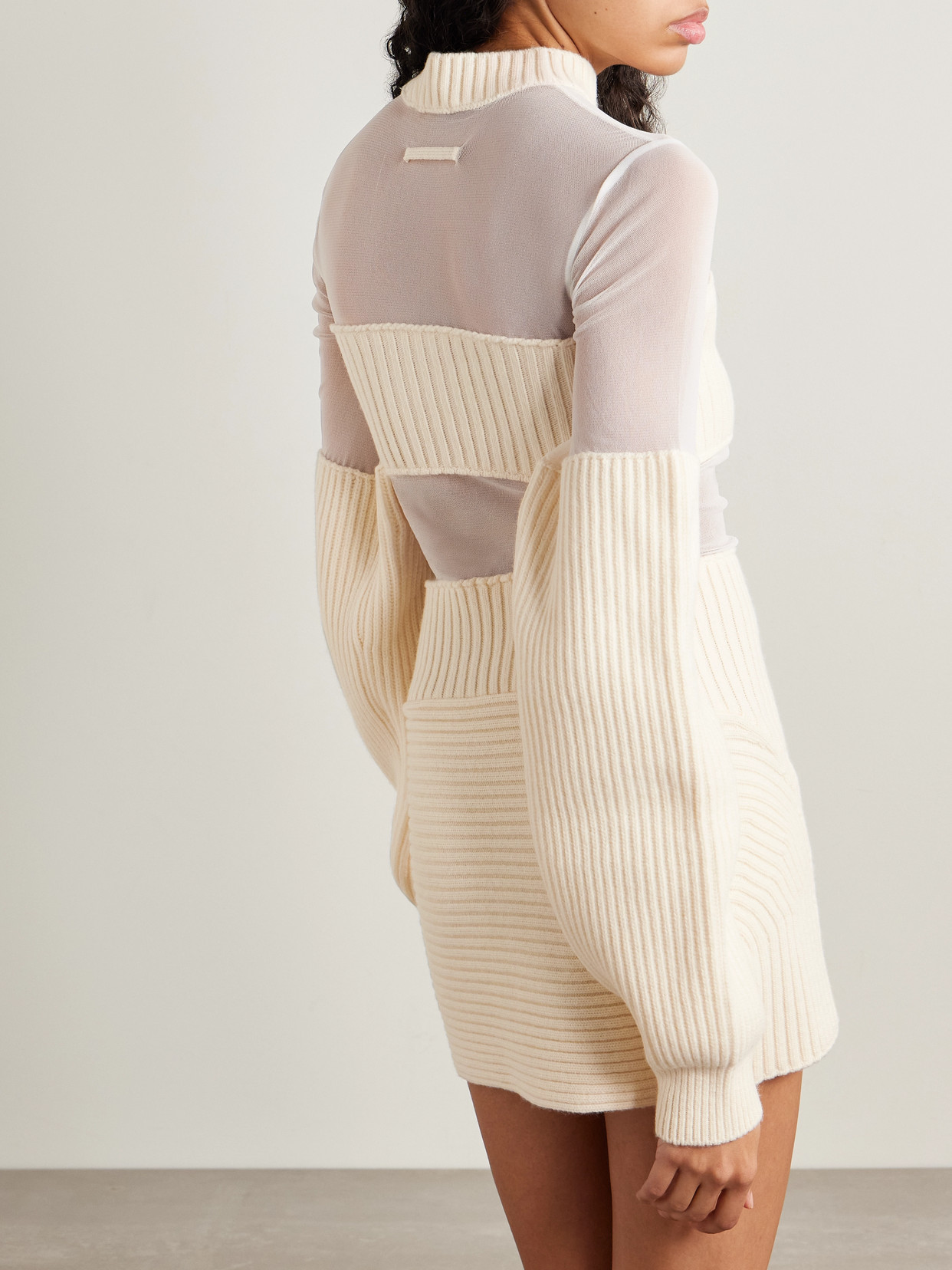 Jean Paul Gaultier Paneled Ribbed Wool And Mesh Mini Dress In Nude