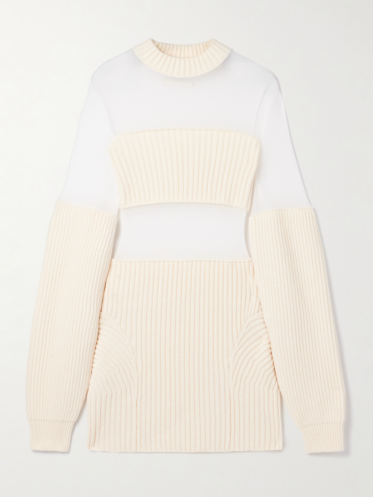 Jean Paul Gaultier Paneled Ribbed Wool And Mesh Mini Dress In Sand