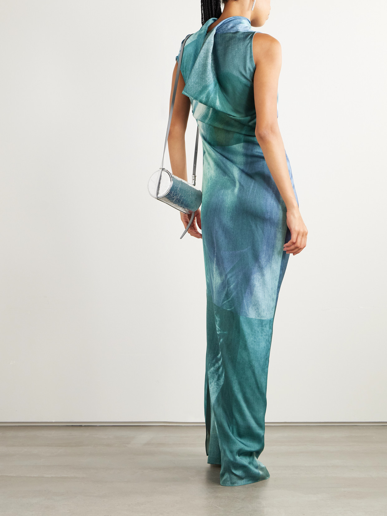 Jean Paul Gaultier Women Printed Long Sleeveless Satin Dress With Cuffling Detail On The Back In Blue