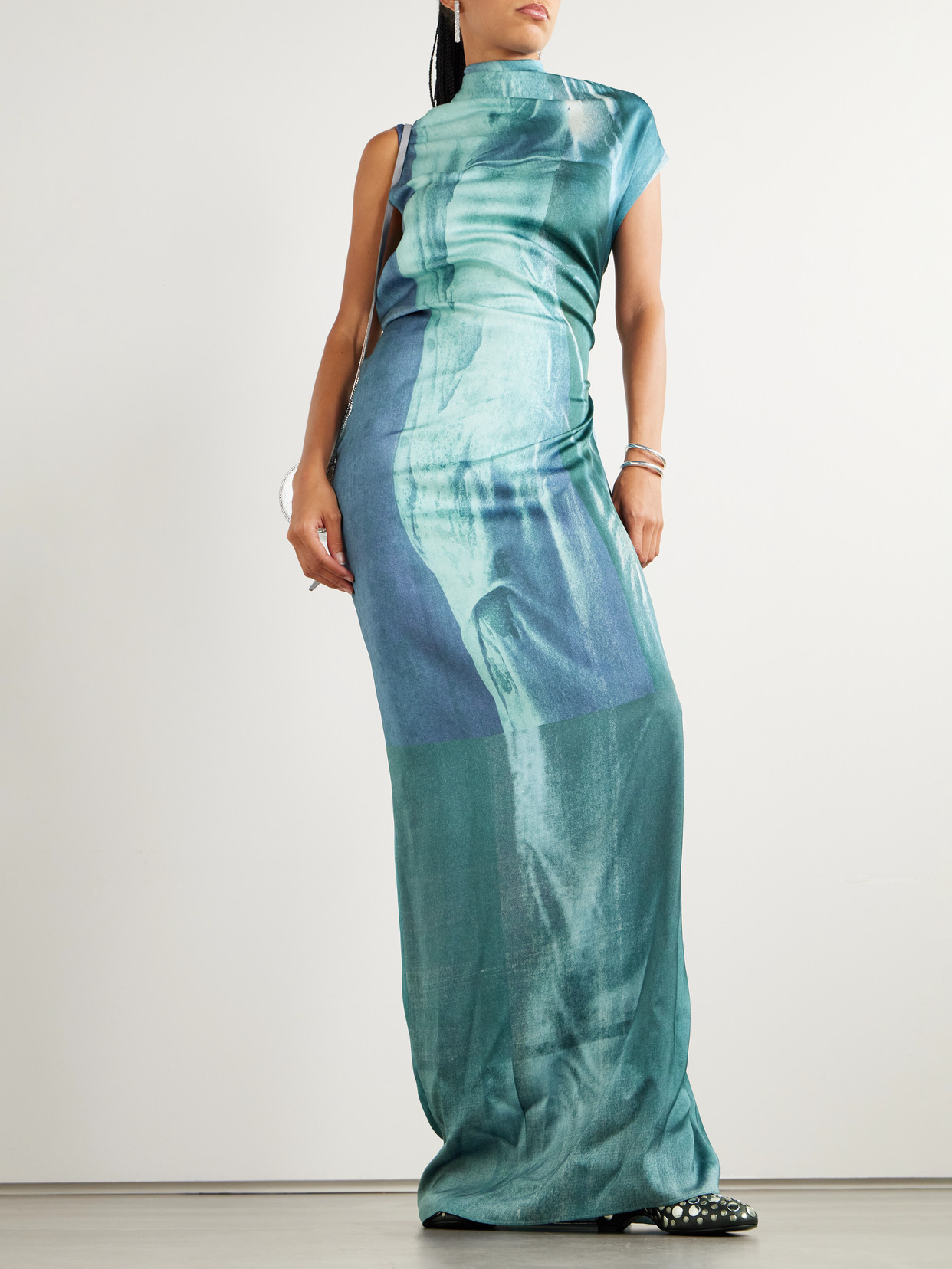 Jean Paul Gaultier Women Printed Long Sleeveless Satin Dress With Cuffling Detail On The Back In Blue