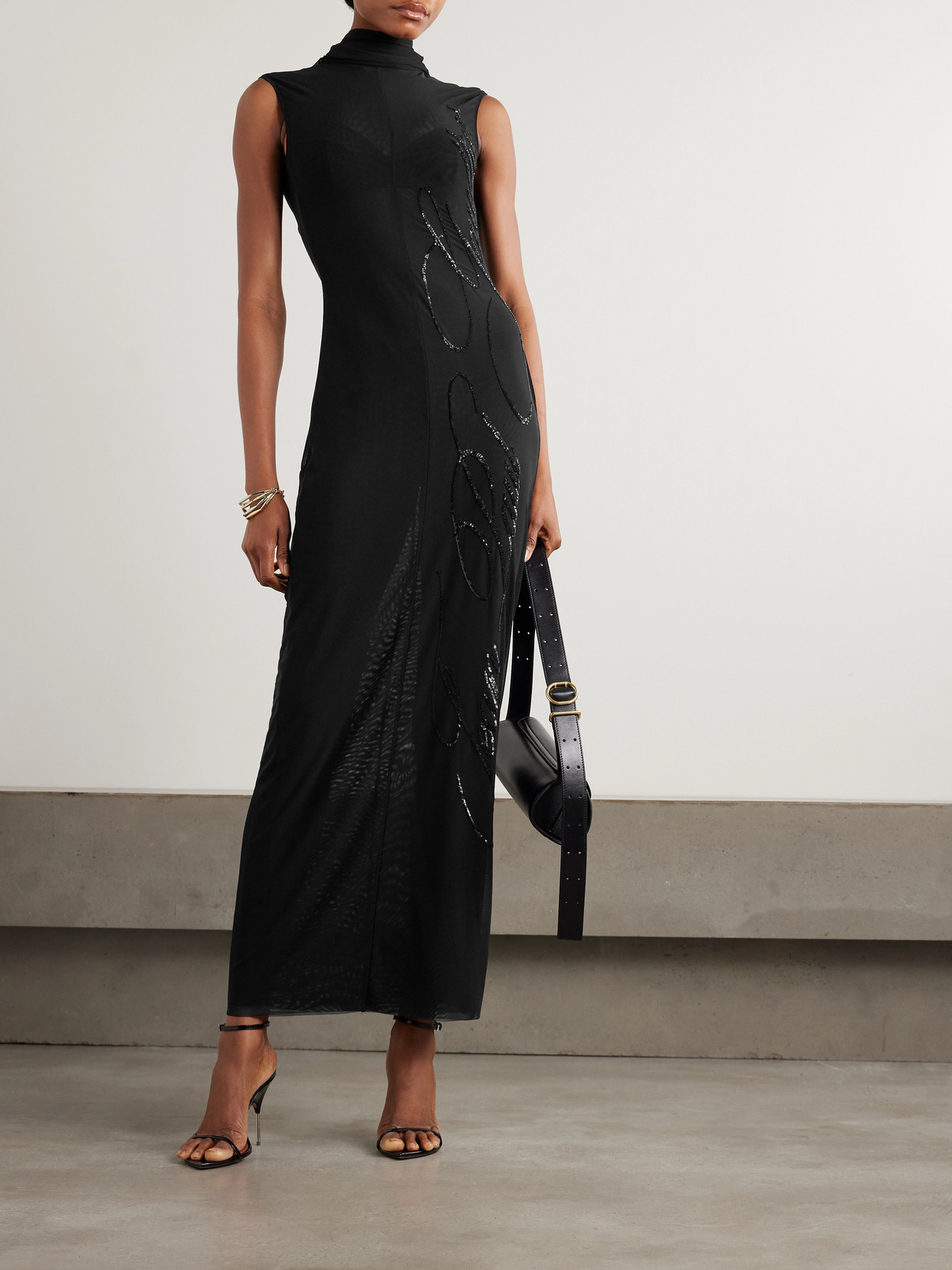 Jean Paul Gaultier Embellished Gathered Sequined Tulle Halterneck Maxi Dress