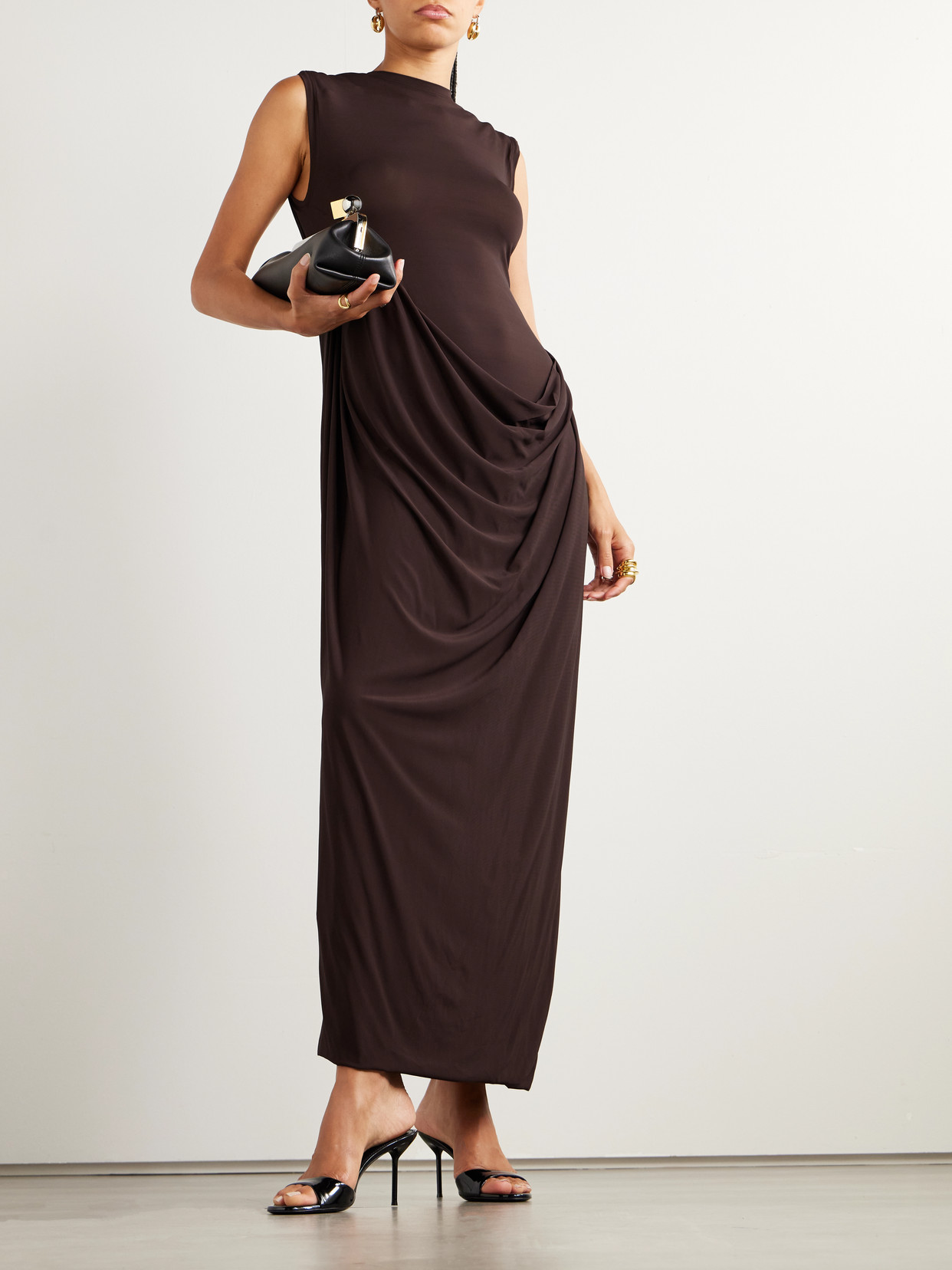Jean Paul Gaultier Draped Stretch-satin Maxi Dress In Brown