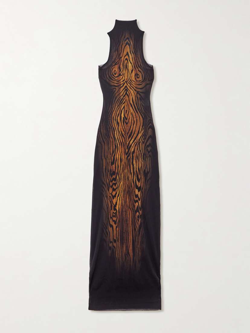 Jean Paul Gaultier Layered Draped Printed Stretch-tulle Turtleneck Maxi Dress