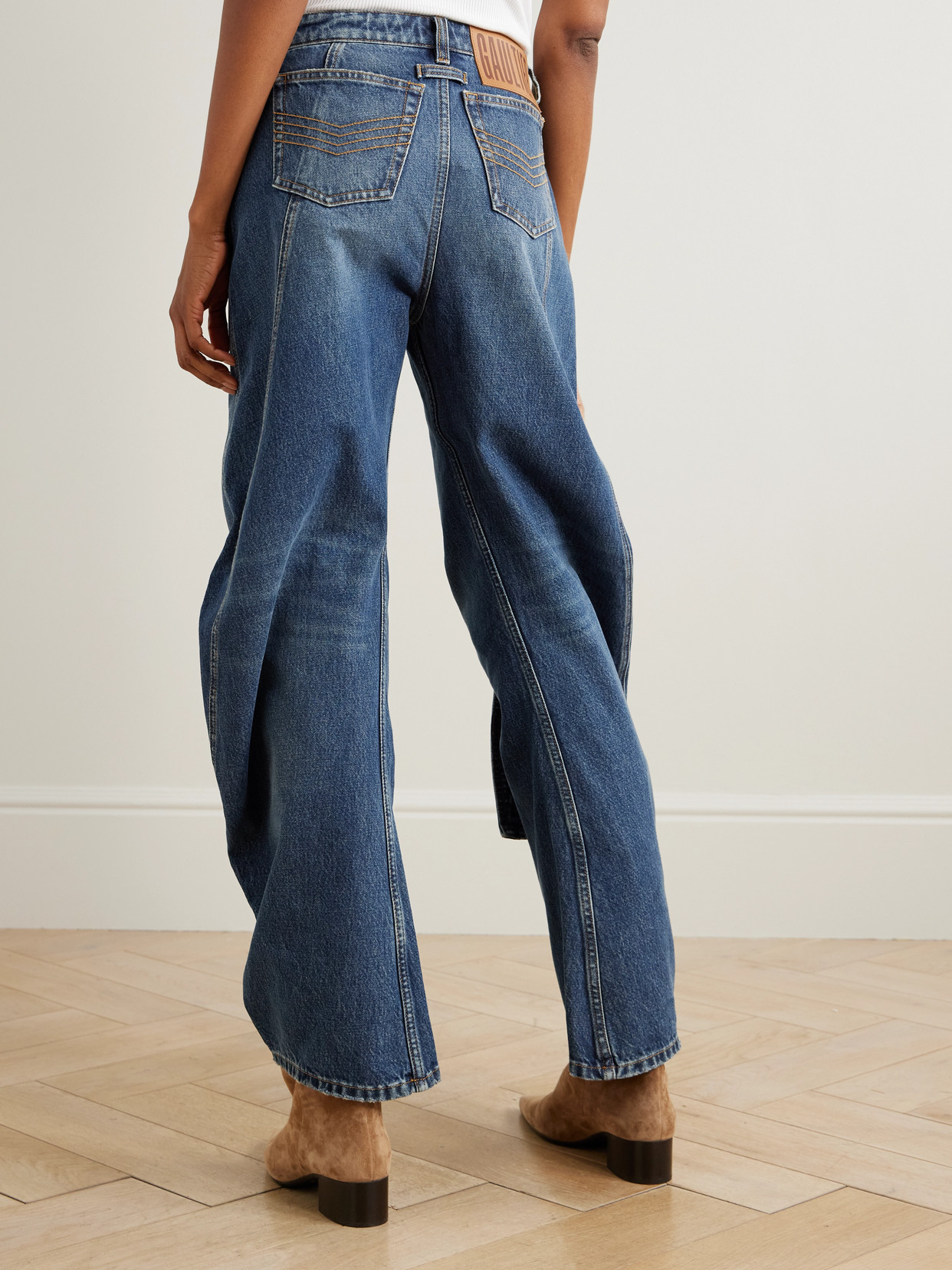 Jean Paul Gaultier Strap-detailed Paneled High-rise Wide-leg Jeans In Blue