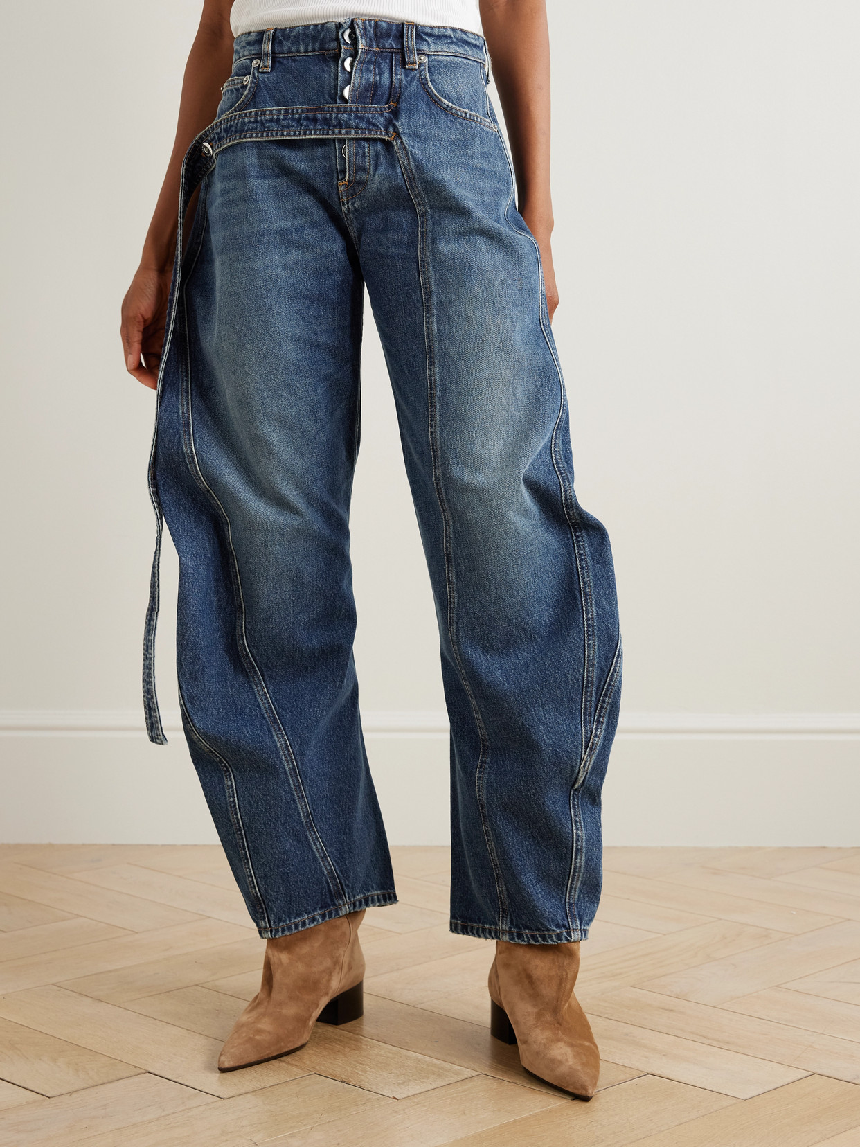 Jean Paul Gaultier Strap-detailed Paneled High-rise Wide-leg Jeans In Blue