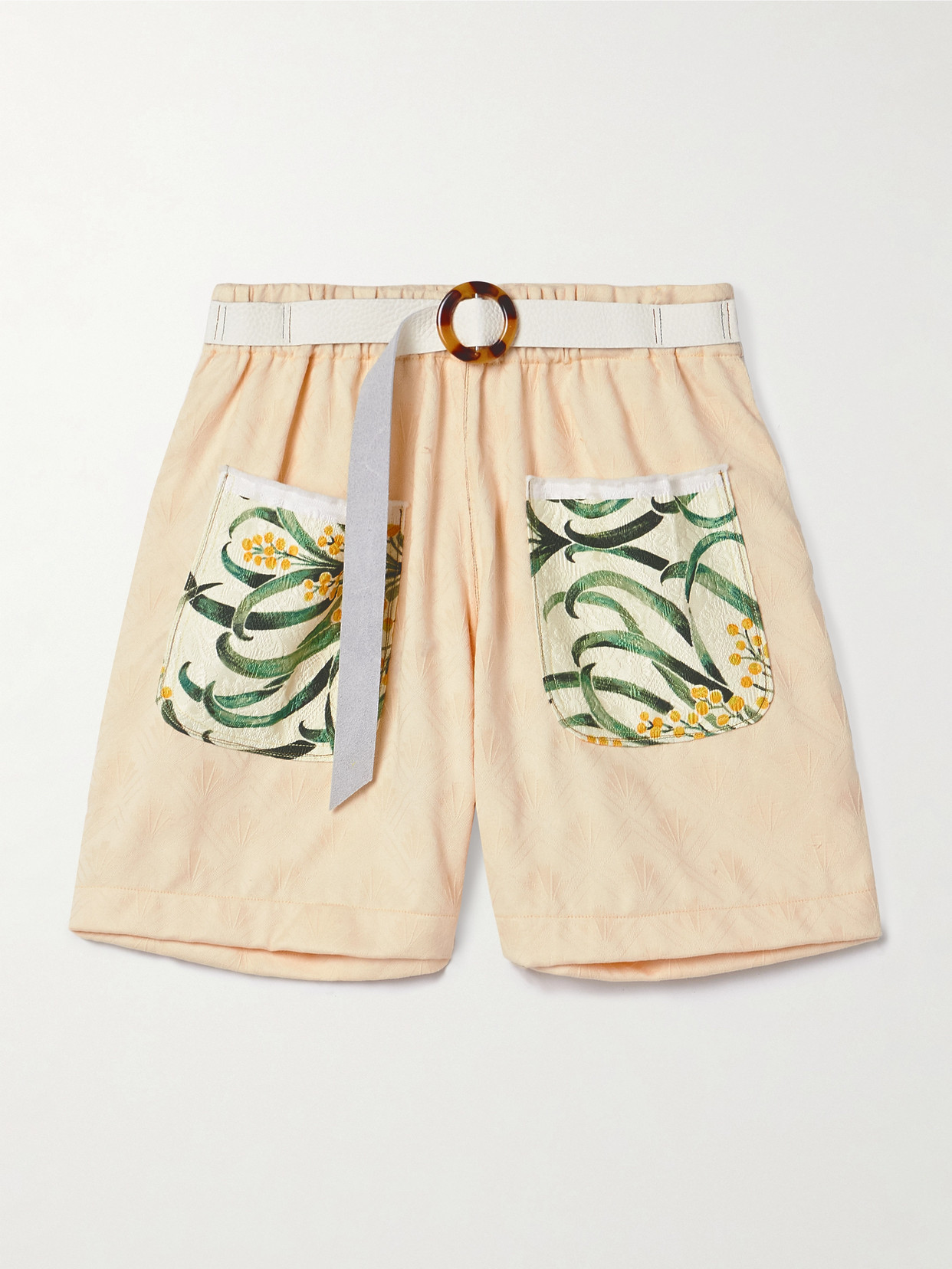 Thank You Have A Good Day Belted Printed Cloqué-trimmed Cotton-jacquard Shorts
