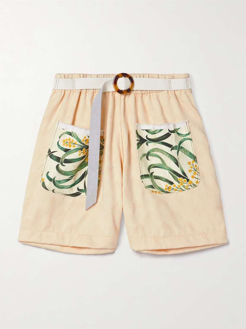 Thank You Have A Good Day Belted Printed Cloqué-trimmed Cotton-jacquard Shorts