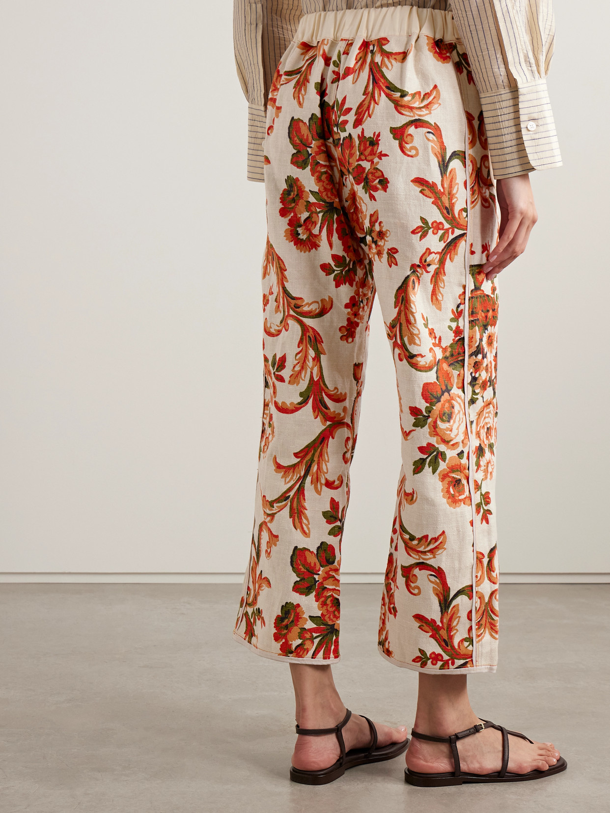 Thank You Have A Good Day Cotton-jacquard And Leather-trimmed Floral-print Cotton-canvas Wide-leg Pants