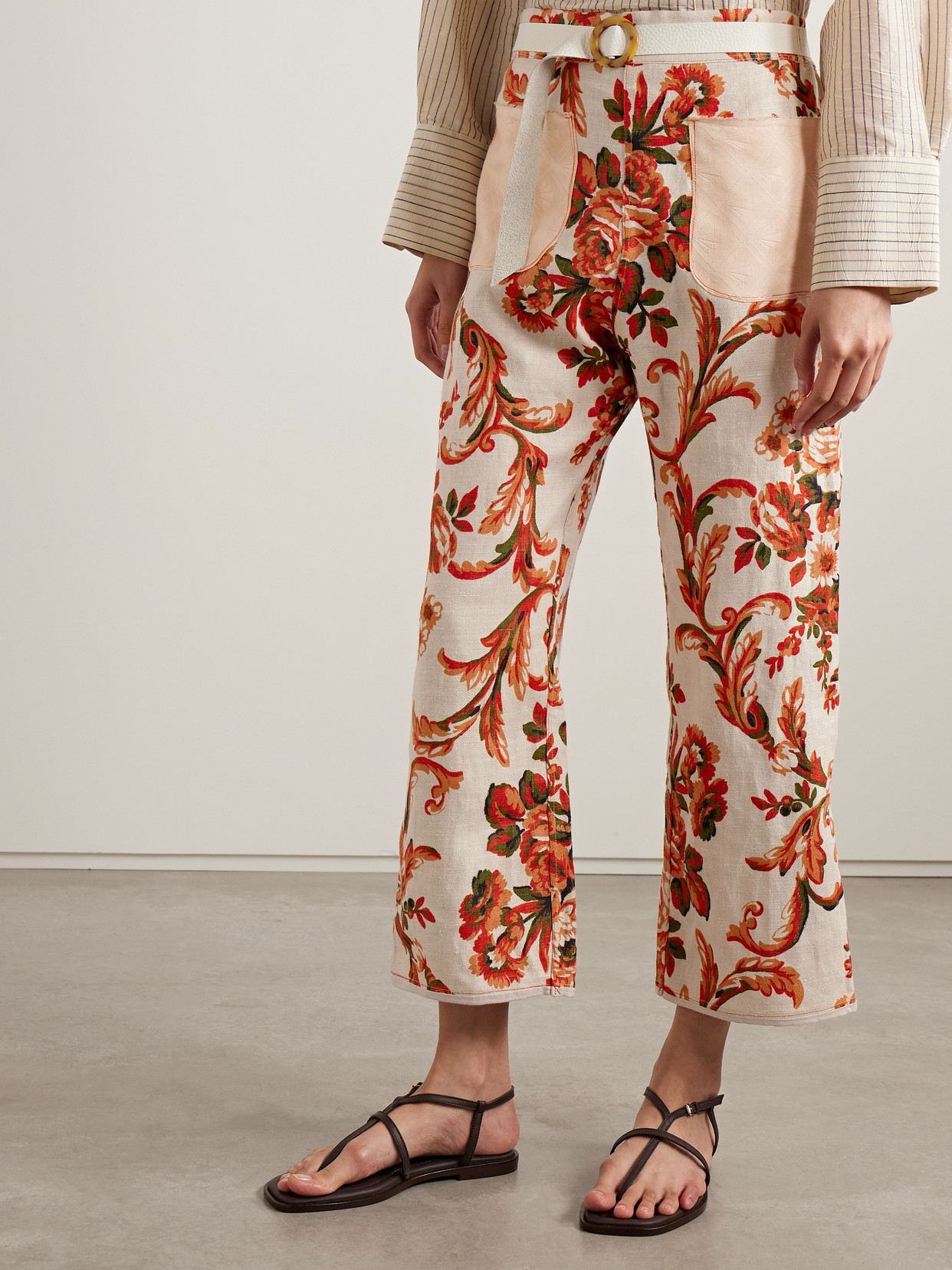 Thank You Have A Good Day Cotton-jacquard And Leather-trimmed Floral-print Cotton-canvas Wide-leg Pants