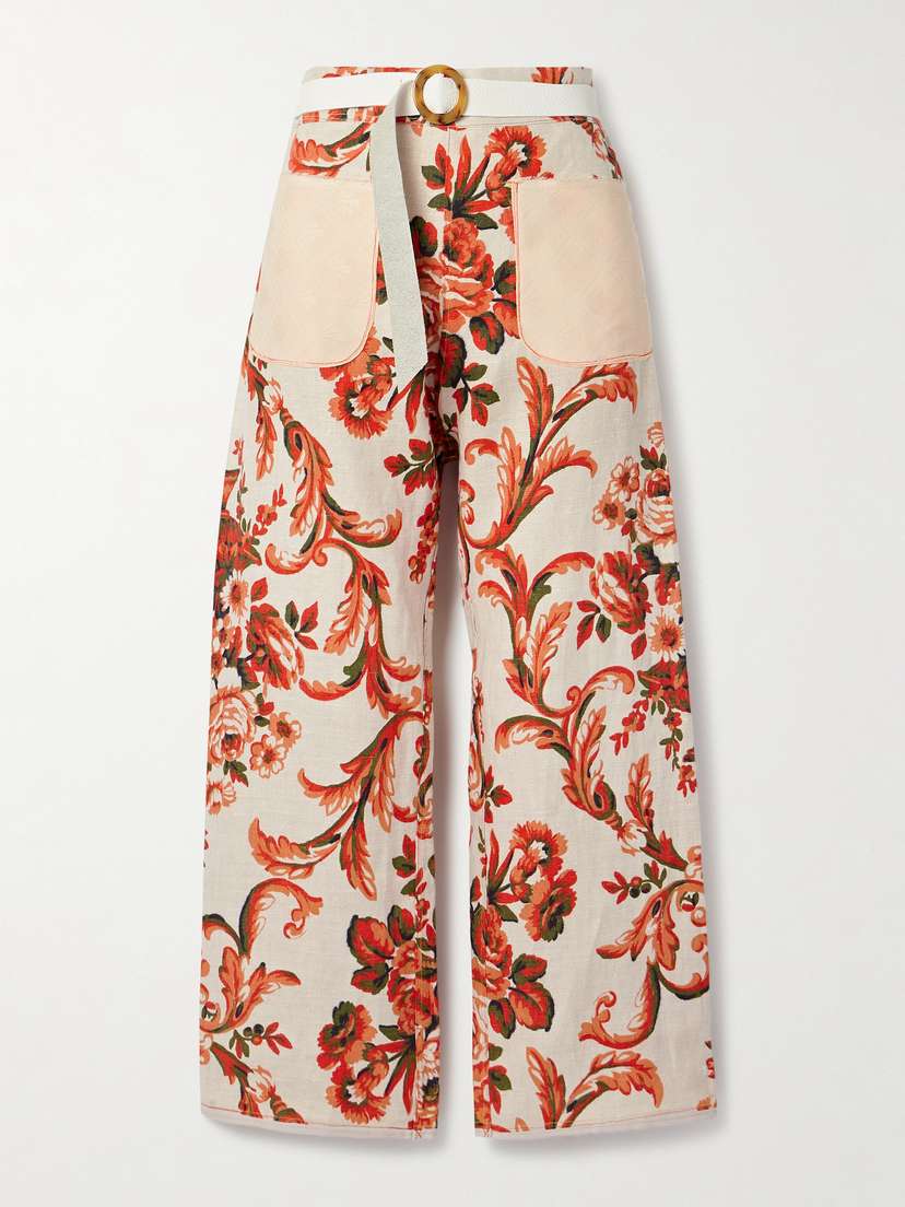 Thank You Have A Good Day Cotton-jacquard And Leather-trimmed Floral-print Cotton-canvas Wide-leg Pants
