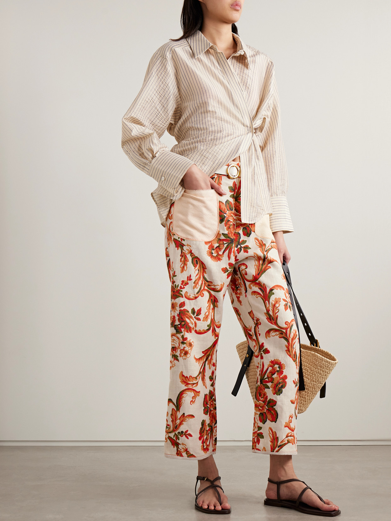 Thank You Have A Good Day Cotton-jacquard And Leather-trimmed Floral-print Cotton-canvas Wide-leg Pants