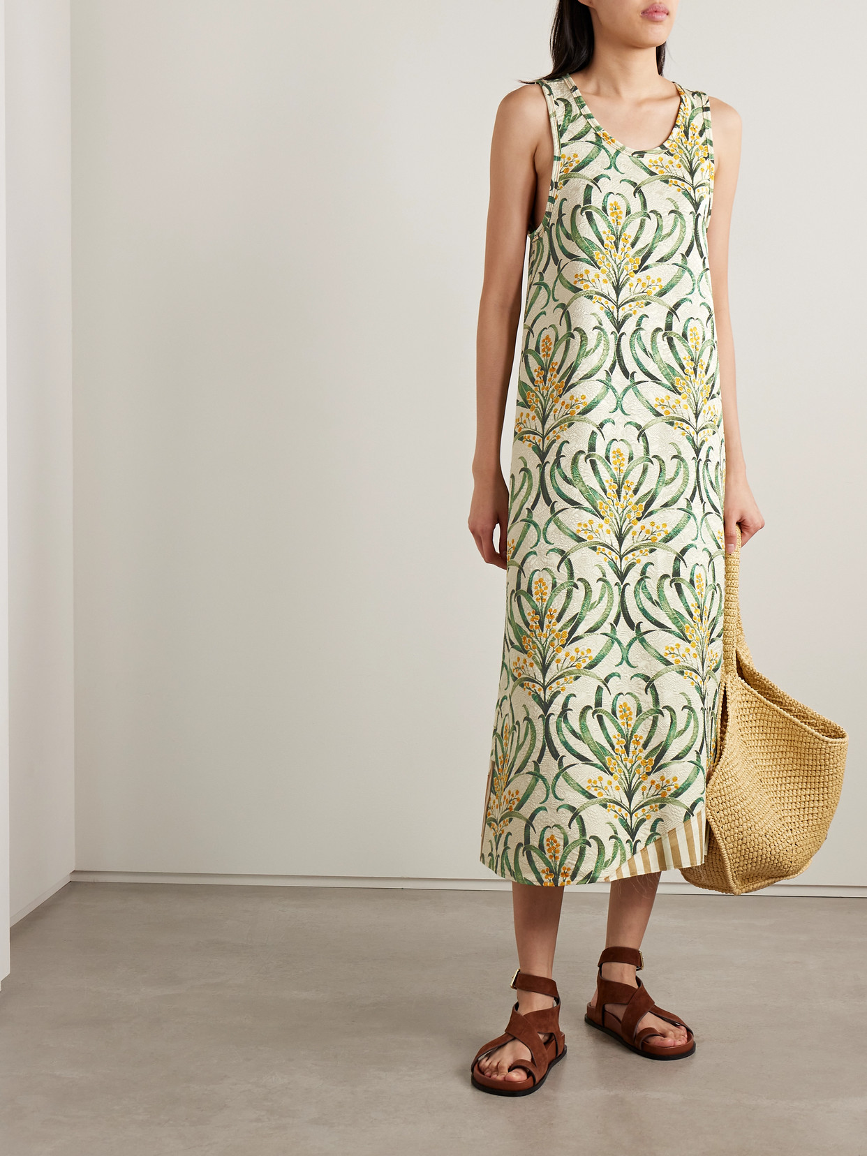 Thank You Have A Good Day Striped Floral-print Cotton-cloqué Midi Dress