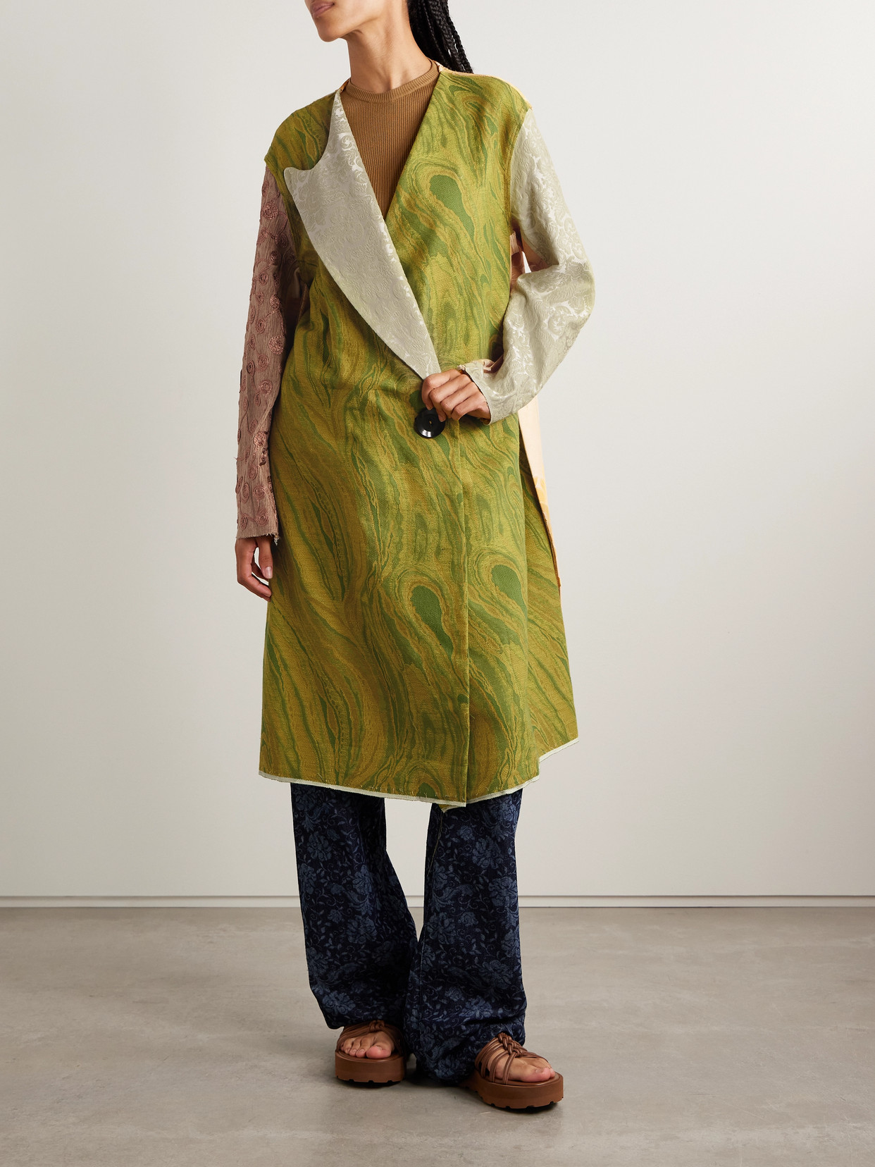 Thank You Have A Good Day Patchwork Cotton-jacquard Coat In Multi