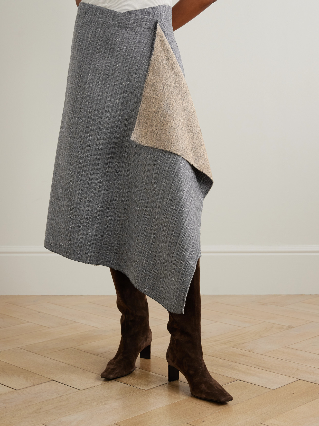 Distressed Herringbone Wool-Blend Wrap Midi