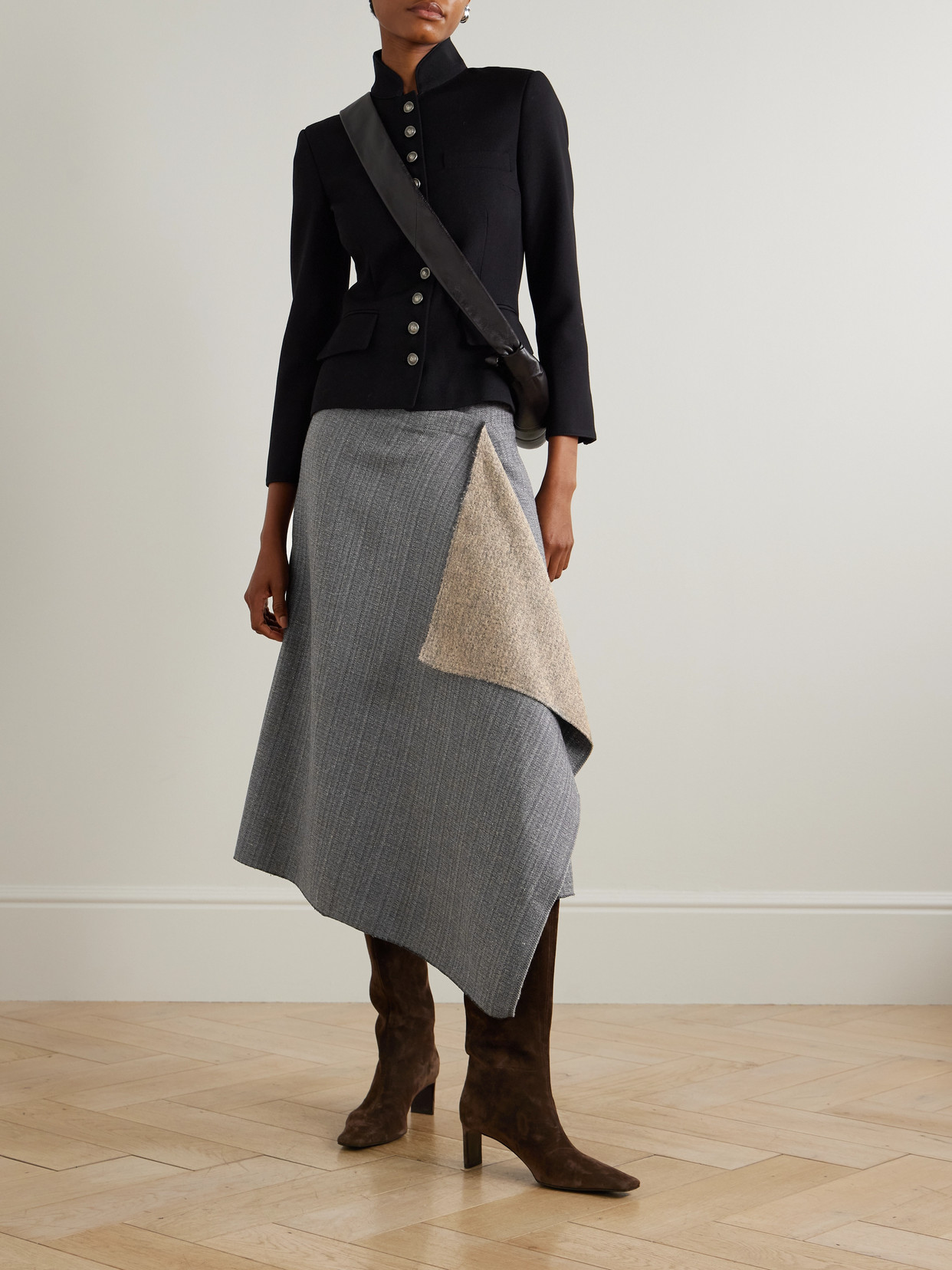 Distressed Herringbone Wool-Blend Wrap Midi