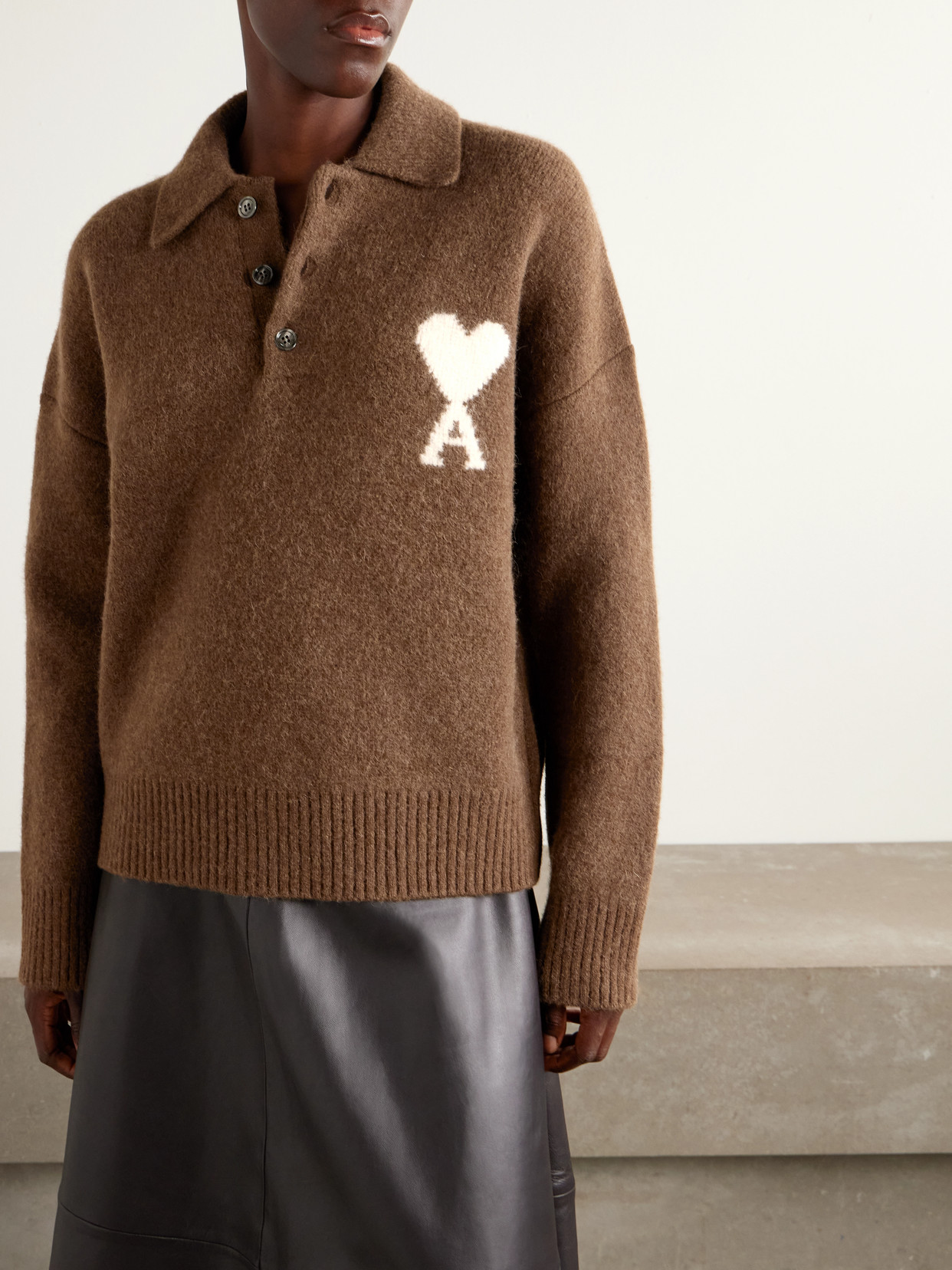 Ami Alexandre Mattiussi Intarsia Alpaca-blend Polo Sweater In Brown