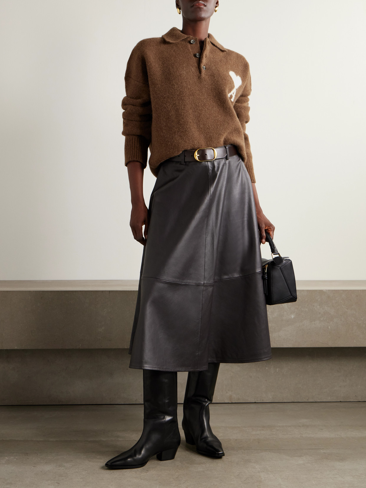 Ami Alexandre Mattiussi Intarsia Alpaca-blend Polo Sweater In Brown