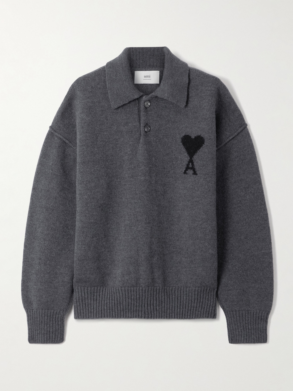 Ami Alexandre Mattiussi Oversized Intarsia-knit Wool Polo Sweater In Gray