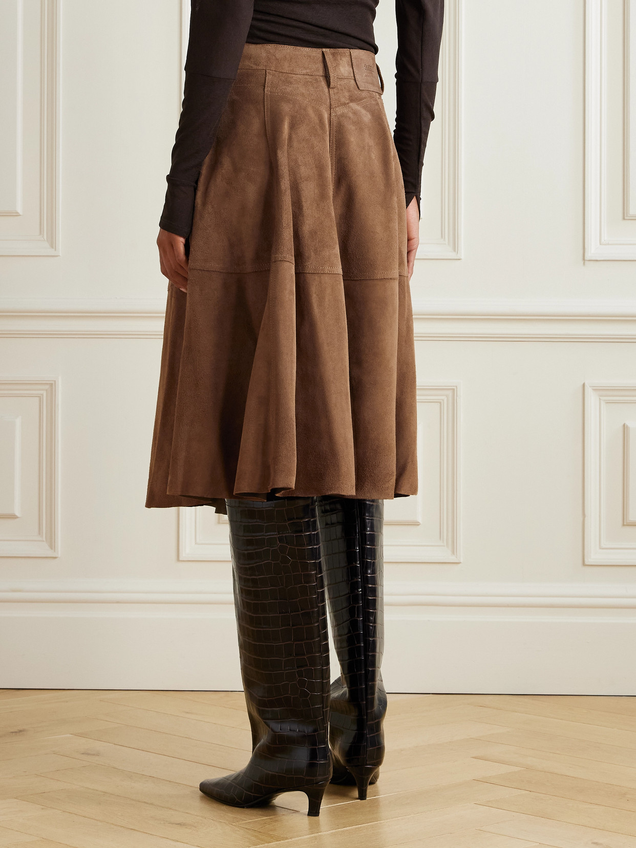 Ami Alexandre Mattiussi Pleated Suede Midi Skirt In Brown