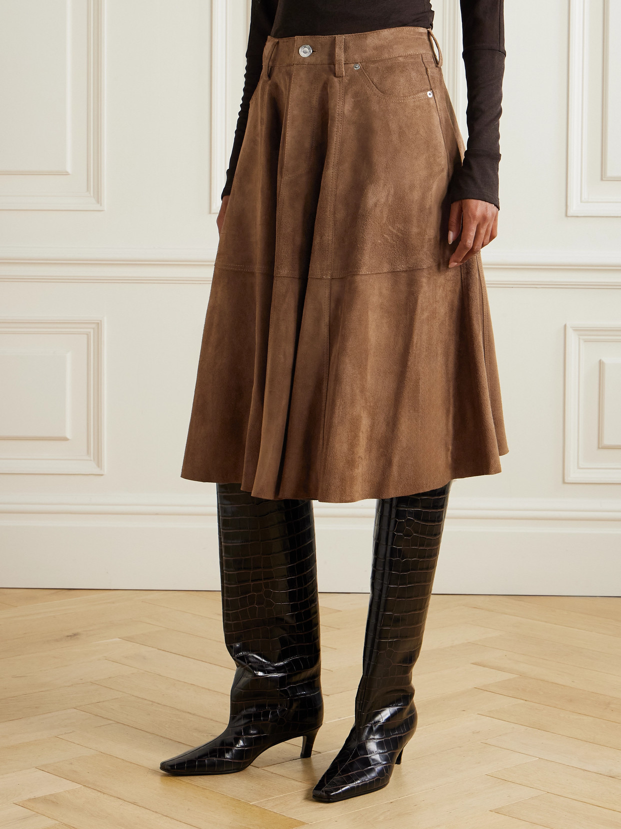 Ami Alexandre Mattiussi Pleated Suede Midi Skirt In Brown