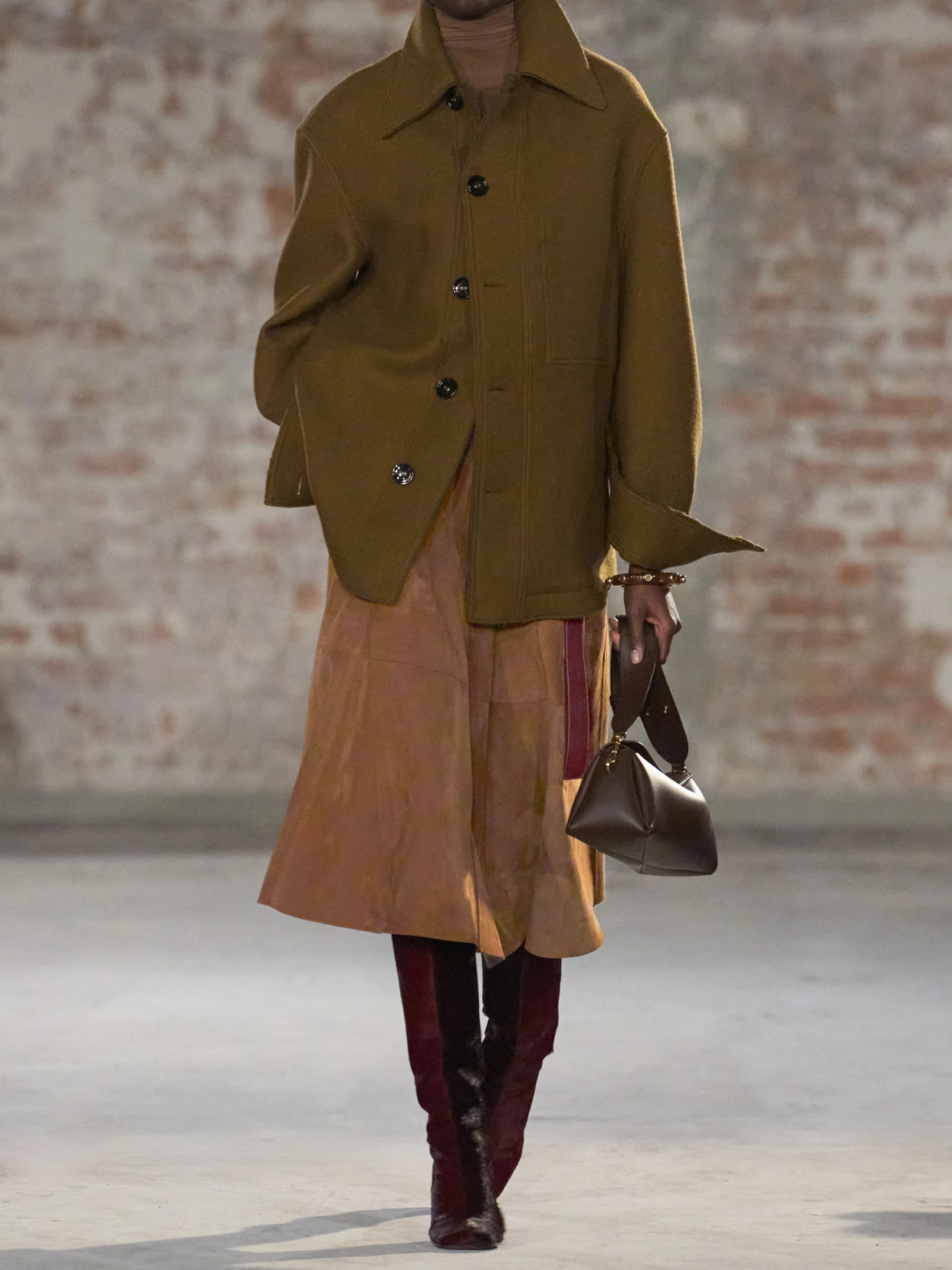 Ami Alexandre Mattiussi Pleated Suede Midi Skirt In Brown