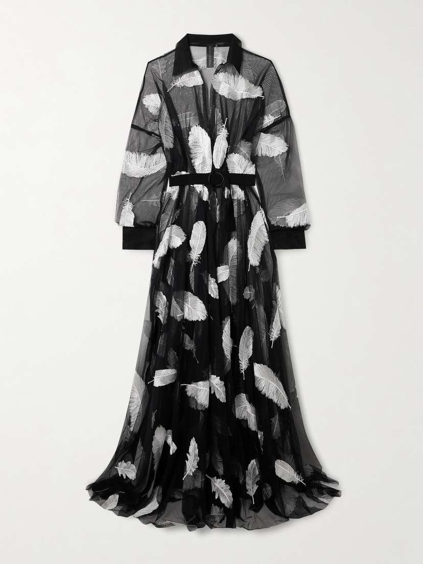 Norma Kamali Belted Embroidered Tulle Gown