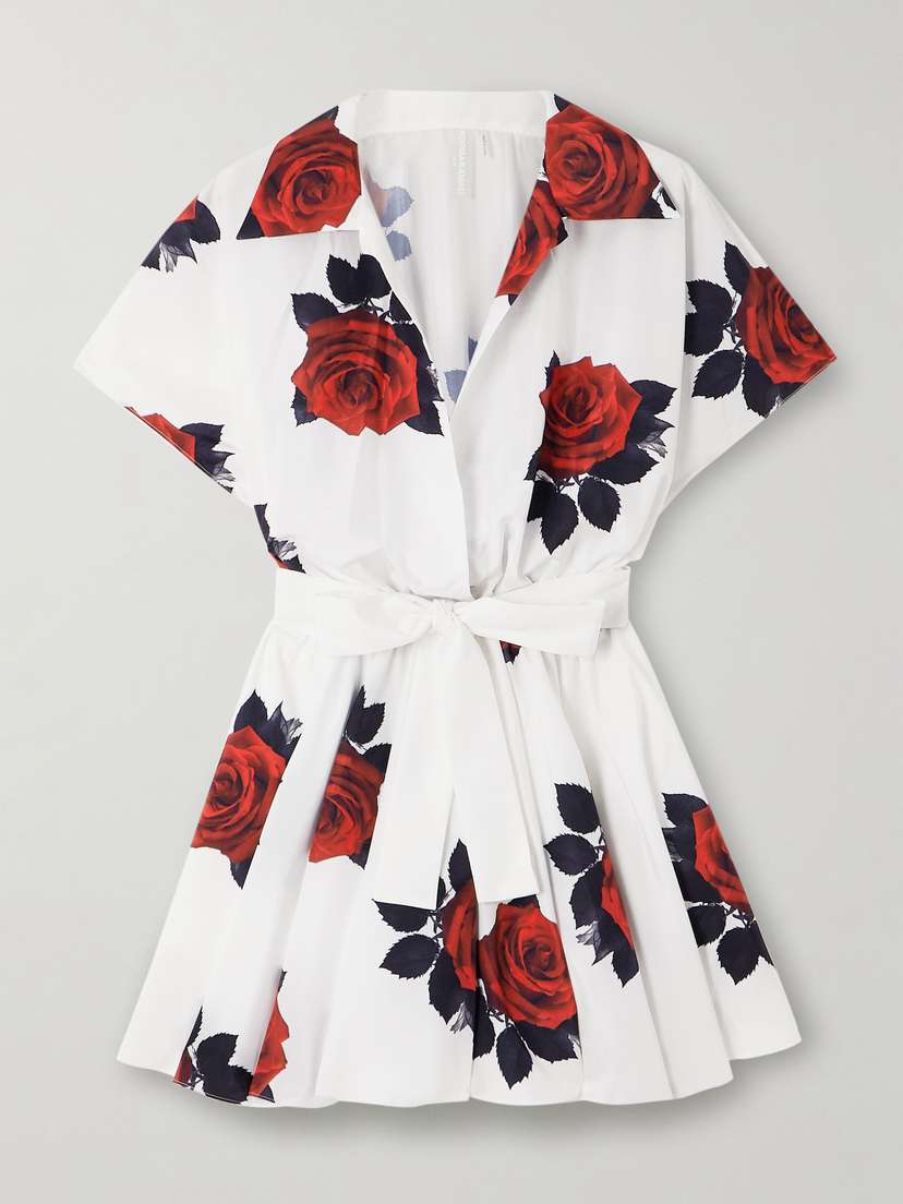 Norma Kamali Pleated Floral-print Satin Mini Wrap Dress