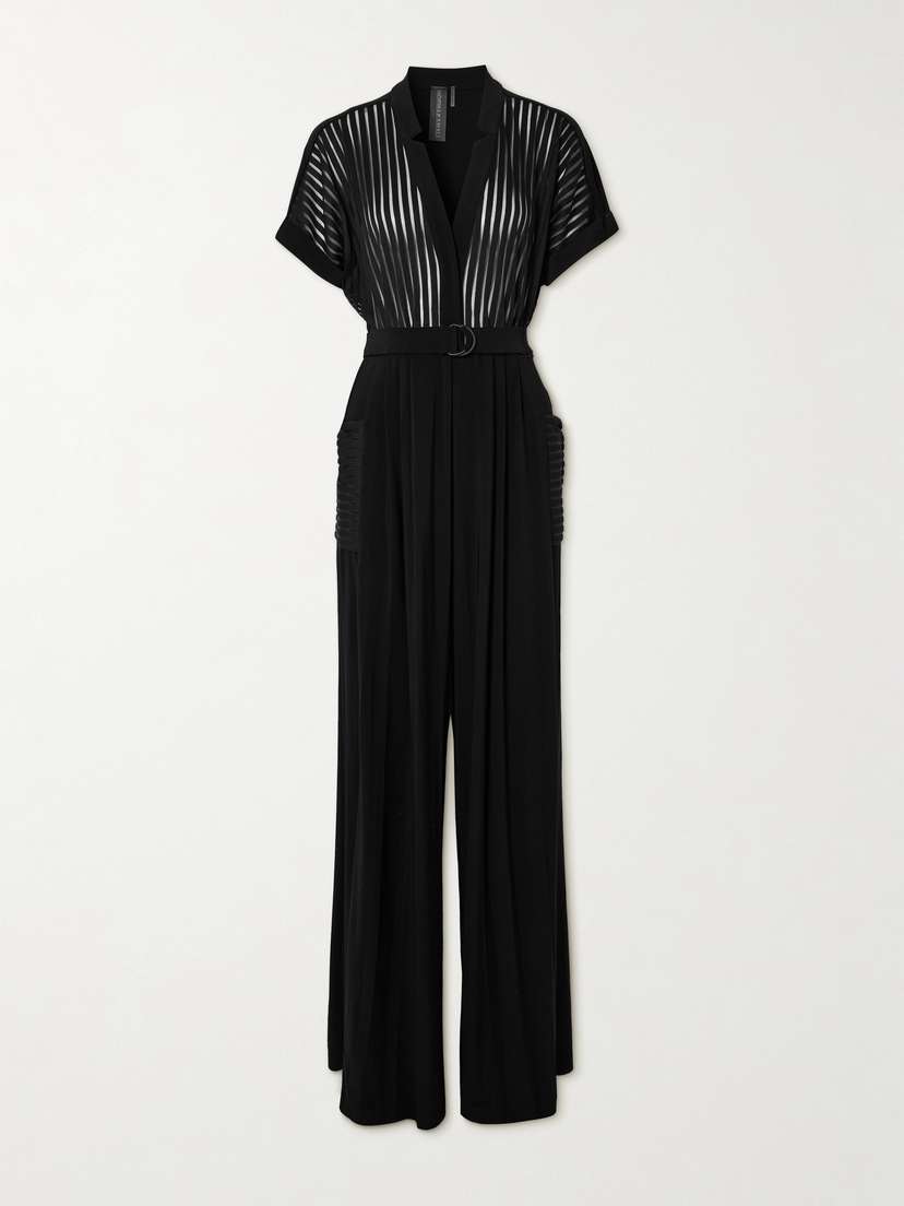 Norma Kamali Geralyn Belted Paneled Jersey And Mesh Jumpsuit
