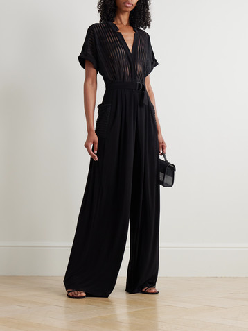 Norma Kamali Geralyn belted paneled jersey and mesh jumpsuit